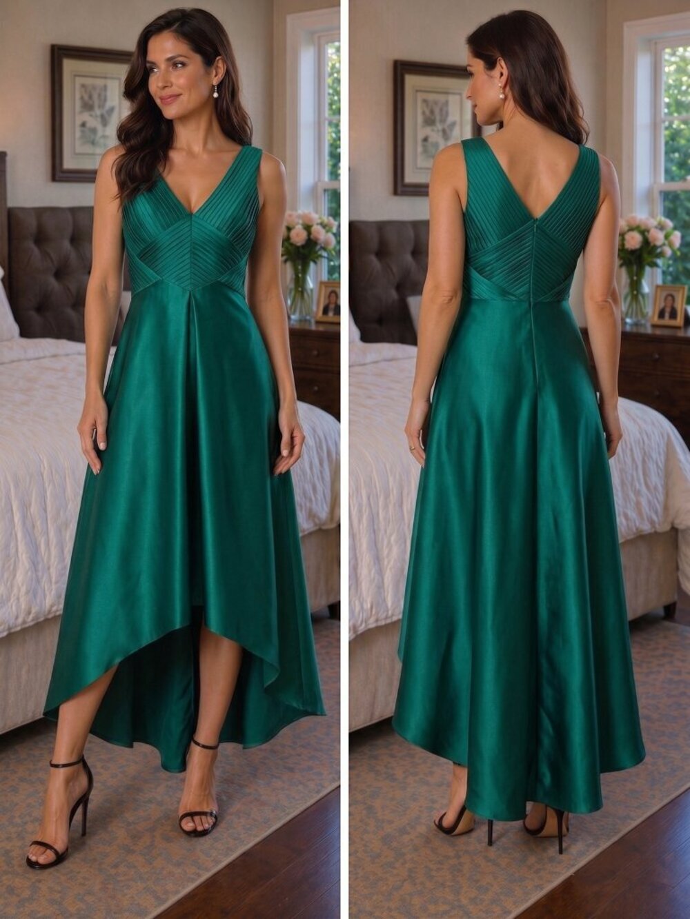 NWT Adrianna Papell Dark Forest Green Mikado High Low Formal Gown $375
